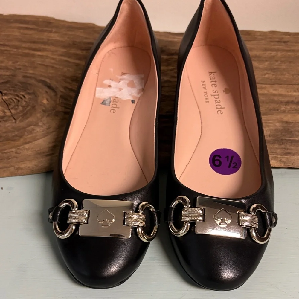 kate spade Black Leather Loafers with Gold Hardware